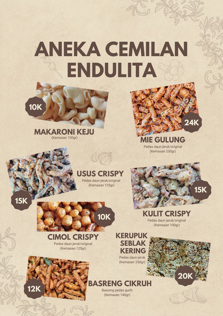 Aneka cemilan endulita juga ready gaiiisss, Sebring, mmie Gulung, Makaroni Keju, Kulit Crispy, Basreng Cikruh, cocok buat temen kopi maupun temen makan nasi. 😆 Enduls semua. 🤗

Ordernya sama lewat WA: bit.ly/amwidyouchat