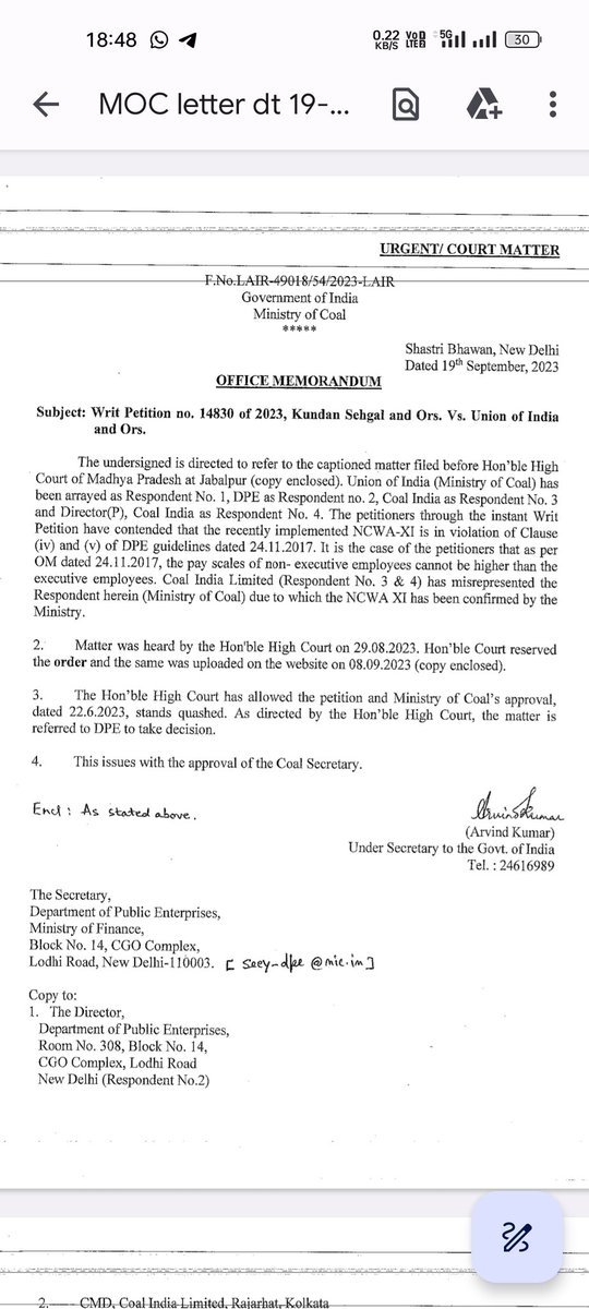 I_m_prakash_Jat's tweet image. H&apos;ble Jabalpur HC on 29.08.23 quashed approval of NCWA-11 given by @CoalMinistry which was in violation of Cabinet OM dt.24.11.17 causing ₹12000Cr of public money siphoned. @DPE_GoI #Hear_Petitioner_Within_60_Days_But_No_Hearing_Given_Yet 
@CoalIndiaHQ @FinMinIndia @PMOIndia