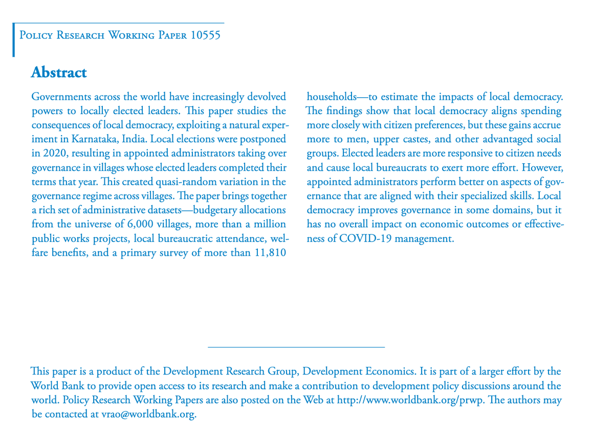 1/ What is the value added of local democracy? Fascinating paper by <a href="/bijurao/">Vijayendra Rao</a> and colleagues on a natural experiment in India: Local democracy aligns spending more closely with citizen preferences, but these gains accrue more to advantaged groups. documents1.worldbank.org/curated/en/099…