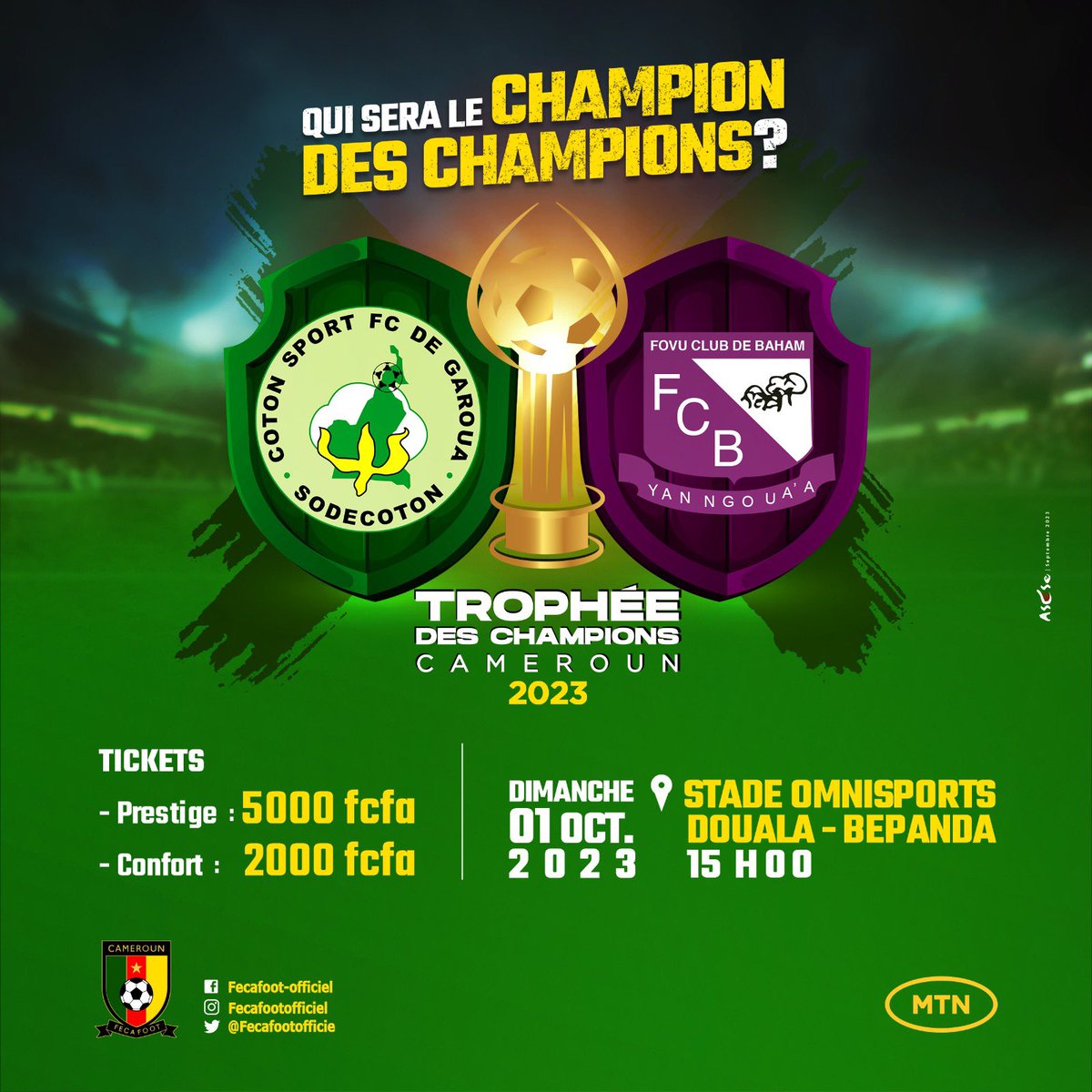 TropheeDC's tweet photo. Qui n’a pas encore son ticket ? 

#COTONSPORT 🆚 #FOVU 

📆 01/10/2023
🏟️ Stade de la réunification de Bepanda
📍DOUALA

#COTFOV| #TropheeDesChampions | #TDC2023 https://t.co/32XBmqihBy
