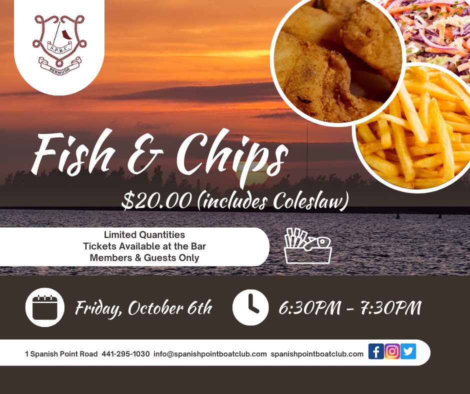 SPBCbda's tweet image. Join us Friday, October 6th, from 6:30pm - 7:30pm for our scrumptious crowd pleaser! Quantities are limited, so get there early. Tickets will be on sale next week at the Bar.  Members and their guests only. 

#spbc #Itsbetterattheboatclub #nojacketrequired #fishandchips