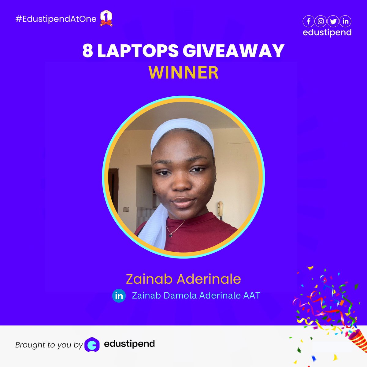 edustipend's tweet photo. Hello there 👋🏽, we'd like to formally announce Zainab Aderinale as one of the winners of our #EdustipendAtOne 8 Laptops Giveaway.
She is taking the place of a previous winner (names withheld) who was involved in doctoring their social media engagement numbers using bot accounts. https://t.co/wbWmRgKC9P