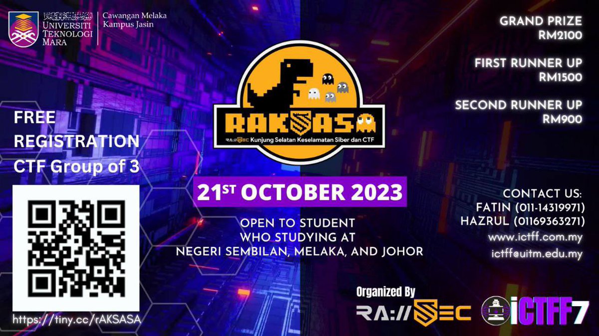my_r3in3's tweet image. RAKSASA CTF by RAWSEC is now open!

Special for student from N9, Melaka &amp;amp; Johor

#Rawsec #raksasactf