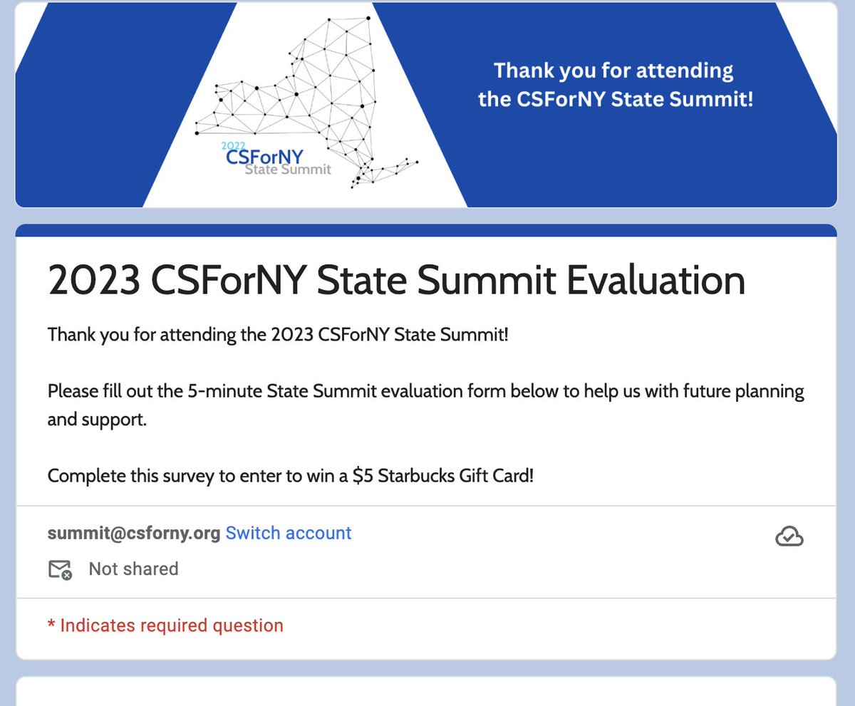 Spread the word: If you attended the 2023 #CSForNY Summit, we'd appreciate your feedback! Please take the evaluative survey to help us deliver even more value next year:  tinyurl.com/yeypxbtd