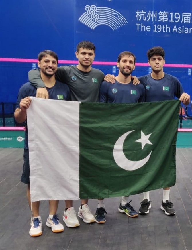 TheRealPCB's tweet photo. Well done to the Pakistan squash team for securing silver medal at the Hangzhou Asian Games 🥈👏

A brilliant display of skills and unyielding spirit in the thrilling final against India.

#AsianGames https://t.co/M5P4i6ft0h