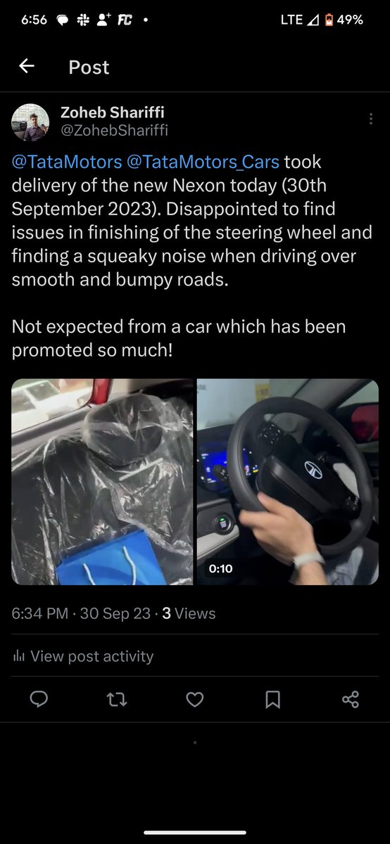 ZohebShariffi's tweet photo. Very surprised to see that a tweet talking about issues with #NewNexon was quickly deleted as soon as 20 minutes of uploading it. 

How is this good after sales? @TataMotors @tata_cars https://t.co/inorgwjofV