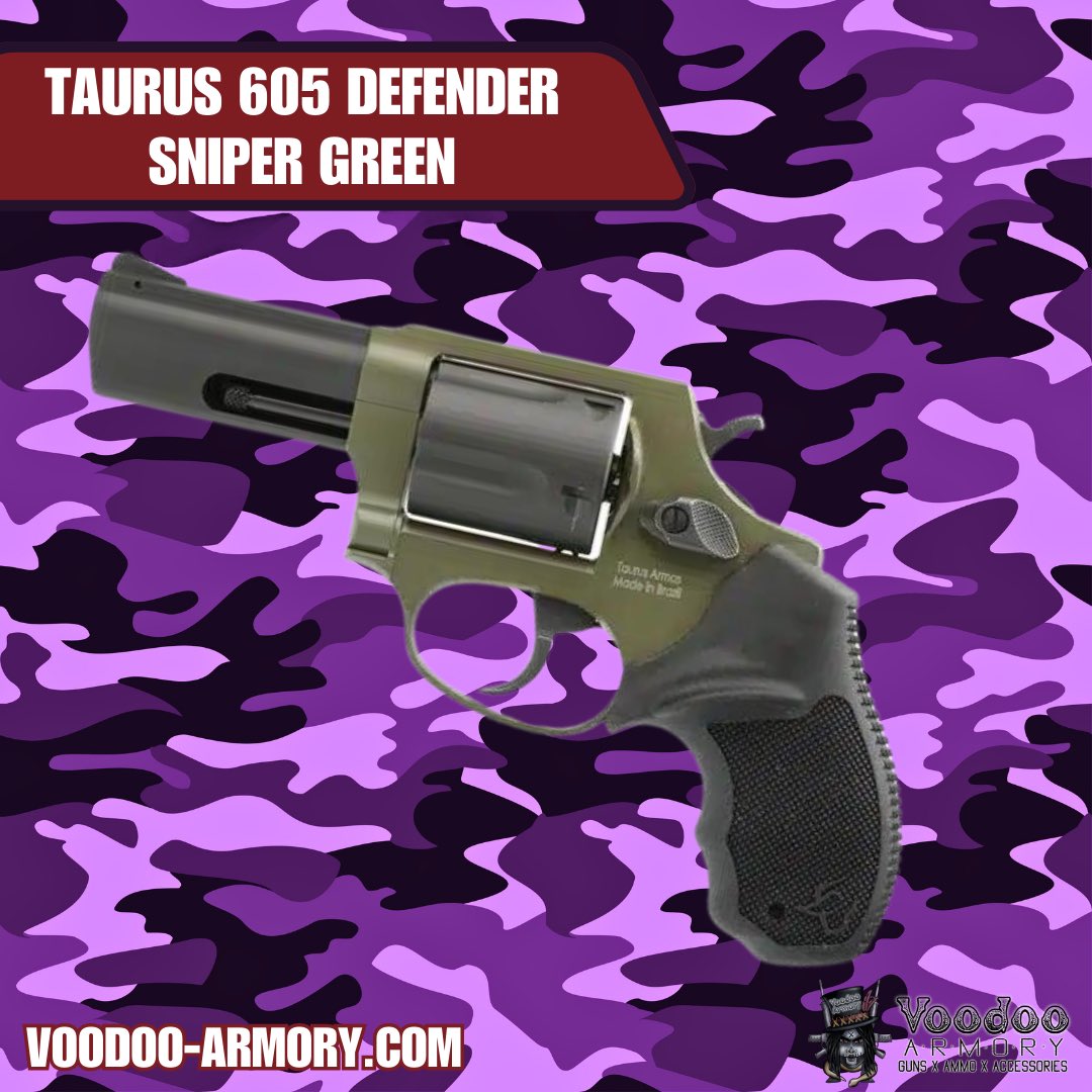 The Taurus 605 defender finished in sniper green. Chambered .357 Magnum with 3”barrel 5-rd capacity and Hogue grip. Lightweight and Easy to conceal

#TaurusUSA #wheelgun #357magnum #revolver #gunlifestyle #guns #concealedcarry #pewpewlife #2a #voodooarmory