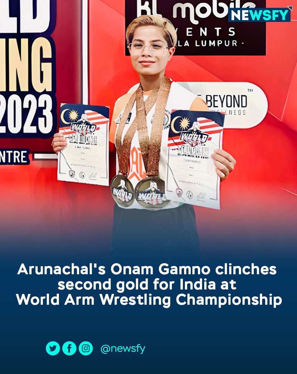 TeamNewsfy's tweet photo. Onam clinched India's second gold medal in the 52 kg weight category for Senior Women (Right). Additionally, she achieved the prestigious title of being the number one champion in the world rankings for the 52kg senior women's category.
#ArunachalPradesh #Northeast #armwrestling #champion