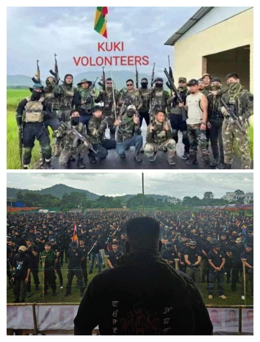 Arambai Tenggol is a
Meitei socio-cultural group,
Unfortunately Kuki liars defamed them as militant group

See the difference between the two pictures,the one who have fully armed are #KukiTerrorists 

Stop blaming Meiteis to hide your atrocities.

#KukiLiesXposed
#Manipur
<a href="/ndtv/">NDTV</a>