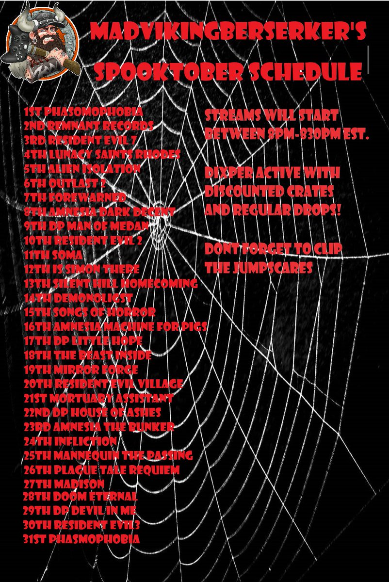 twitch.tv/MadVikingBerse…
#spooktober #HorrorGames #dixper #horrorstreamer #ResidentEvil #Phasmophobia #jumpscares #31daysofhalloween