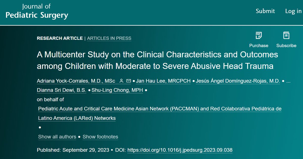 Sebastián González-Dambrauskas, MD 👨⚕️🏥🌎 (@sgdambrauskas) on Twitter photo Latest piece from #SALTY Study collaboration between <a href="/paccman_asia/">PACCMAN</a> and <a href="/LA_Rednetwork/">LARed Network</a> is now out!
ABUSIVE HEAD TRAUMA: What % do they represent in #PedsICU #neurotrauma? What are the clinical factors associated with AHT?
CHeck it out! <a href="/PICJournalWatch/">PICU Journal Watch #PedsICU #PedsCICU</a>
jpedsurg.org/article/S0022-… Latest piece from #SALTY Study collaboration between <a href="/paccman_asia/">PACCMAN</a> and <a href="/LA_Rednetwork/">LARed Network</a> is now out!
ABUSIVE HEAD TRAUMA: What % do they represent in #PedsICU #neurotrauma? What are the clinical factors associated with AHT?
CHeck it out! <a href="/PICJournalWatch/">PICU Journal Watch #PedsICU #PedsCICU</a>
jpedsurg.org/article/S0022-…