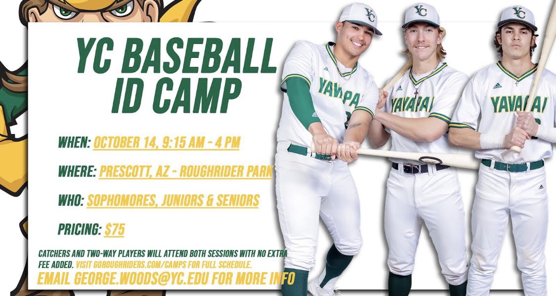 pwoody29's tweet image. Yavapai Baseball ID Camp is just under a month away! Come on out and see what being a Roughrider is all about ⚾💪
Register here ➡️ bit.ly/3qI5vJC
#GoRiders