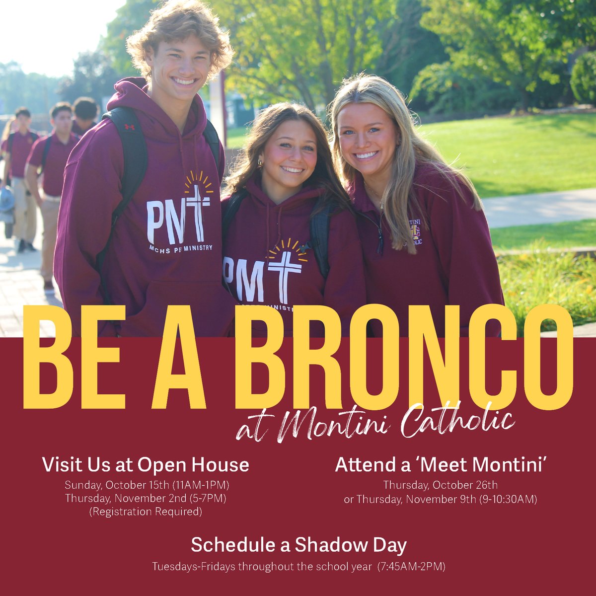MontiniCatholic's tweet photo. Be a Bronco! Come see what a Lasallian education at Montini Catholic is all about! Save the dates for our Open Houses! https://t.co/OjaJWUsAYY
#openhouse2023 #openhouse23 #WeAreMontini #BeABronco https://t.co/WDbkQFKR92