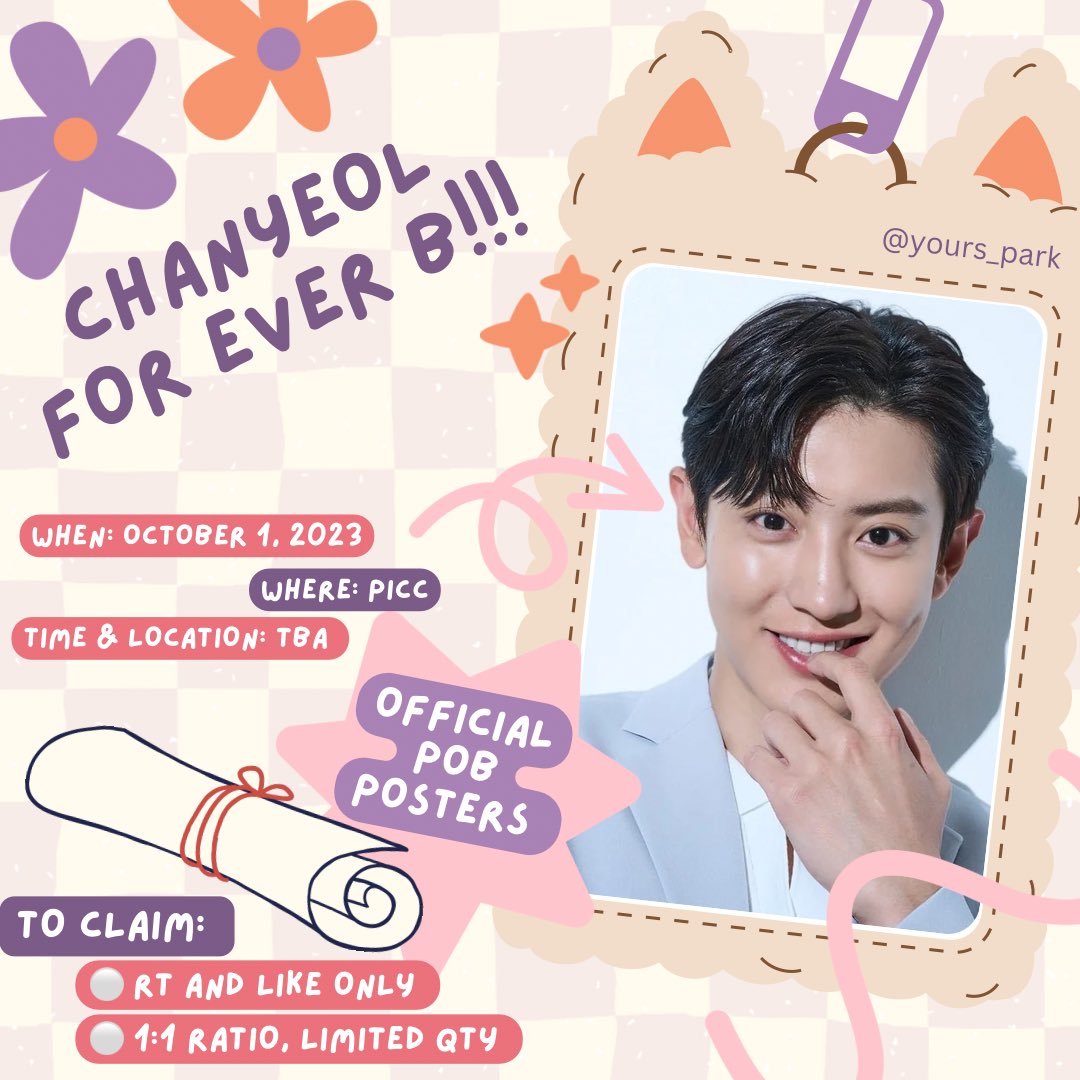 Chanyeol For Ever Bilena Fun Meet in MNL Giveaway!!! 🫰🫶

Hi! I’ll be giving away official EXO POB posters and other merch on dday!

🍒 like and rt
🍒 1:1 ratio, limited qty, random
🍒 time and location tba

#ChanyeolForEverBilena #CHANYEOL #EverBilena #weareoneEXO
