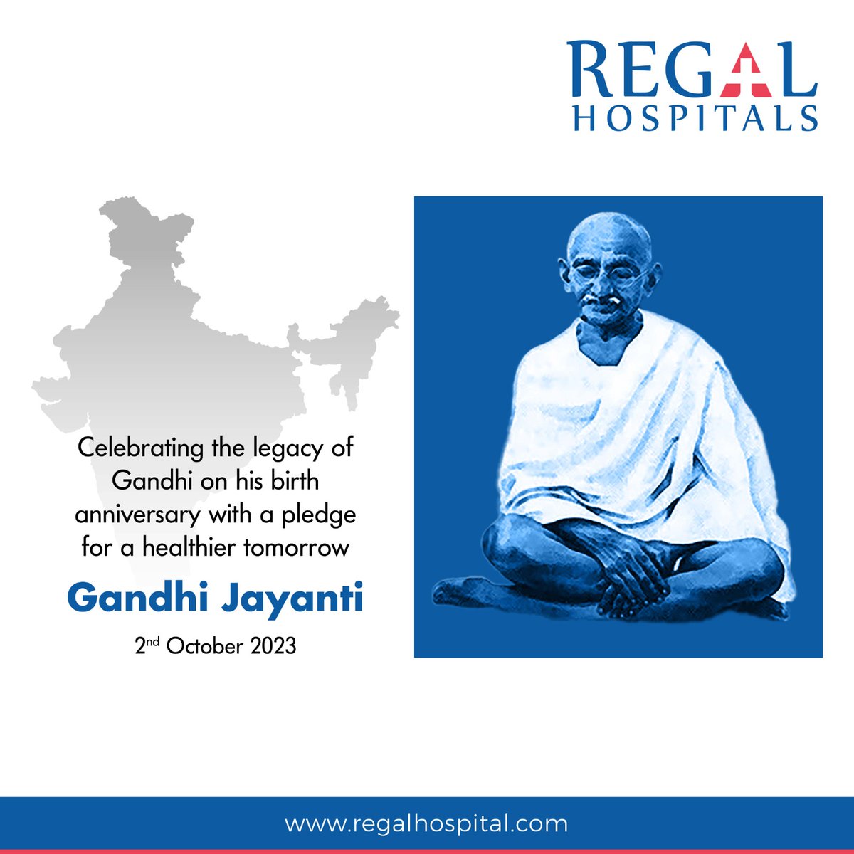 RegalHospital's tweet photo. On Gandhi Jayanti, Regal Hospital pledges to work towards building a healthier tomorrow. We celebrate the legacy of this great man who not only inspired millions but also worked toward the betterment of society. 
#GandhiJayanti #MahatmaGandhi #FatherOfTheNation #GandhiJayanti2023 https://t.co/7AqDaOfU22