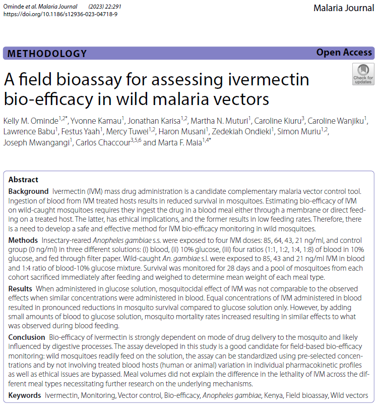 Hot off the press!🔥 Exciting new development on use of ivermectin in malaria vector control.
Here we present a good candidate bioassay for ivermectin bio-efficacy testing in wild-caught mosquitoes.
#BOHEMIAproject Grateful to entire team! & @MartaFerreiraM2 @Carlos_Chaccour