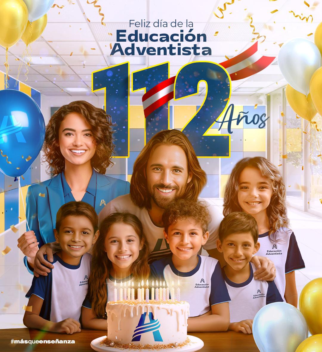 🎉¡112 años de transformación y aprendizaje! 🎂💙 🔰 Hoy celebramos el día de la Educación Adventista en el Perú 🇵🇪. Únete a nosotros y agradece a Dios por todas sus bendiciones. 🥰✨  🫶🏻 ¡Feliz día de la #EducaciónAdventista! 💡📚  #112Años #MasQueEnseñanza #CambiandoElMundo