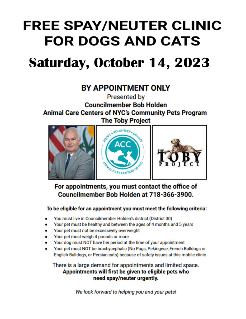 This is amazing!
Live in #District30 #NYC 

On October 14th, please take your animals to be the FREE Spay/Neuter Clinic
Make an appointment you do not want to miss this 

To @BobHoldenNYC @TOBYPROJECT @NYCACC 
Thank you for being proactive & saving lives

It is Hip to Snip