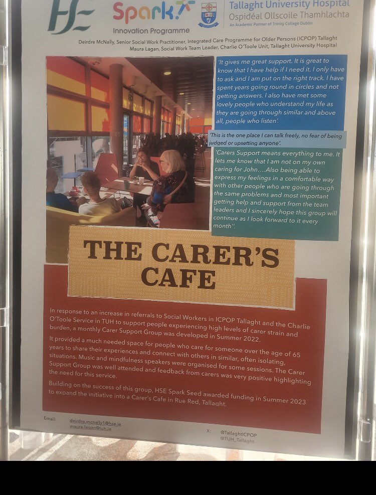 Delighted to present positive feedback from family members caring for an older person who attended HSE/TUH Carer Support Group: ‘The Carers Café’. This Social Work led initiative provides support & a space for carers to connect with others in similar situations
#ECCConference2023