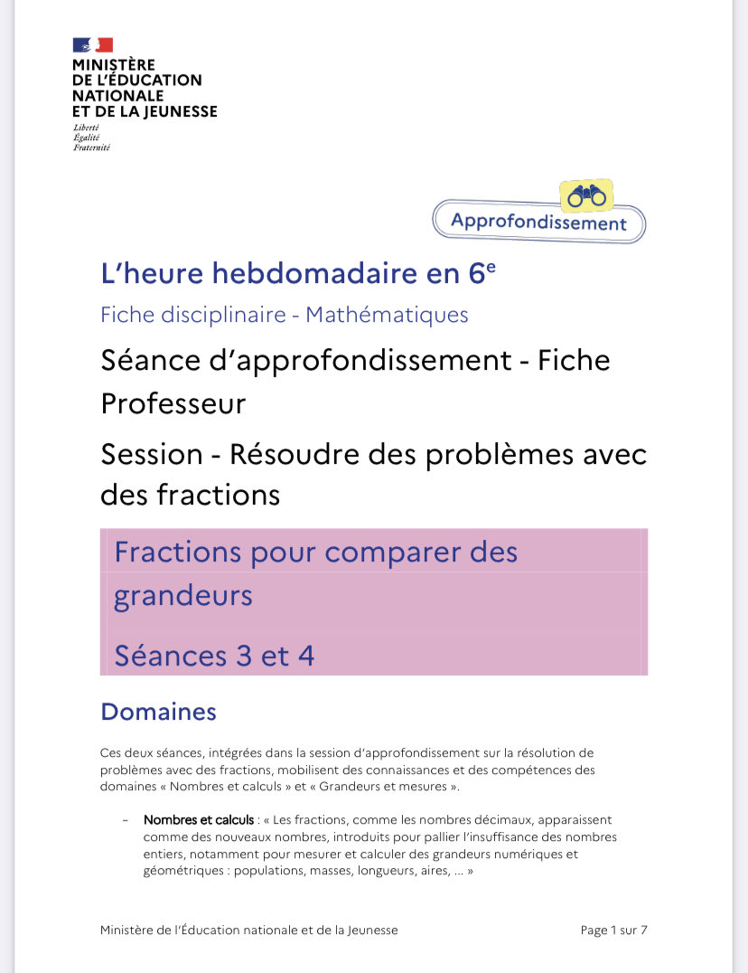 Nouvelle publication ⁦<a href="/Eduscol/">éduscol</a>⁩ de fiches ressources pour les heures de soutien et approfondissement en classe de 6eme sur une notion mathématiques fondamentale ▶️les fractions eduscol.education.fr/2466/une-class… ⁦<a href="/CTorossian_Off/">Charles TOROSSIAN</a>⁩