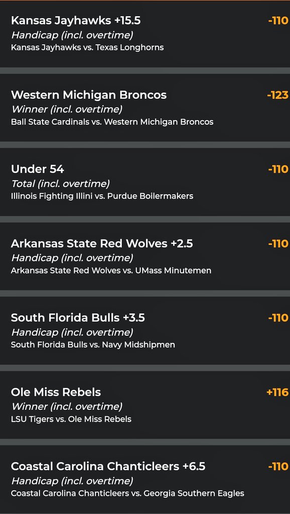 LouiDiMarco's tweet photo. Let's... GO NCAAF!  It's time for more football🏈!! 
More, more... Who's in? 
Tomorrow never waits!!! 

#freeplay #bettingtipster #bettingpicks #bookie #SportsPicks #SportsBettingExpert #bettingtwitter #handicapper #ultrabet  #GamblingTwitter #CFB
 #CFBPicks #NCAAF https://t.co/8zqDE0Hgfe