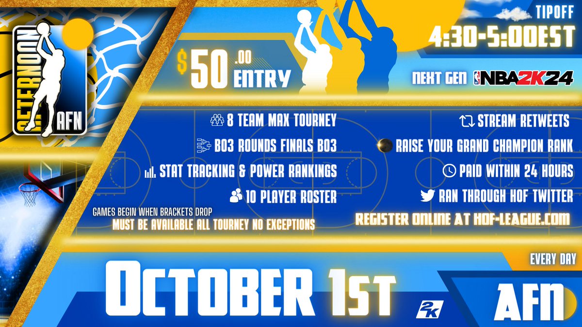 HOF League (@hofleague2k) on Twitter photo 🏆Afternoon Tournament registration is live!
🚨 Sign-ups are due by 4:30 PM EST
☀ Brackets drop at 4:30-5:00 PM EST
🔘 Every round is a BO3 through finals
▶️ Register Now: hof-league.com/register-afn/
<a href="/DangerrFT/">Over-Night Danger 💫</a> @youFamousEnough <a href="/Big_Brudda_PURP/">Coach Purp</a> <a href="/DirtyGraphics/">DirtyGraphics</a> #AFN 🏆Afternoon Tournament registration is live!
🚨 Sign-ups are due by 4:30 PM EST
☀ Brackets drop at 4:30-5:00 PM EST
🔘 Every round is a BO3 through finals
▶️ Register Now: hof-league.com/register-afn/
<a href="/DangerrFT/">Over-Night Danger 💫</a> @youFamousEnough <a href="/Big_Brudda_PURP/">Coach Purp</a> <a href="/DirtyGraphics/">DirtyGraphics</a> #AFN