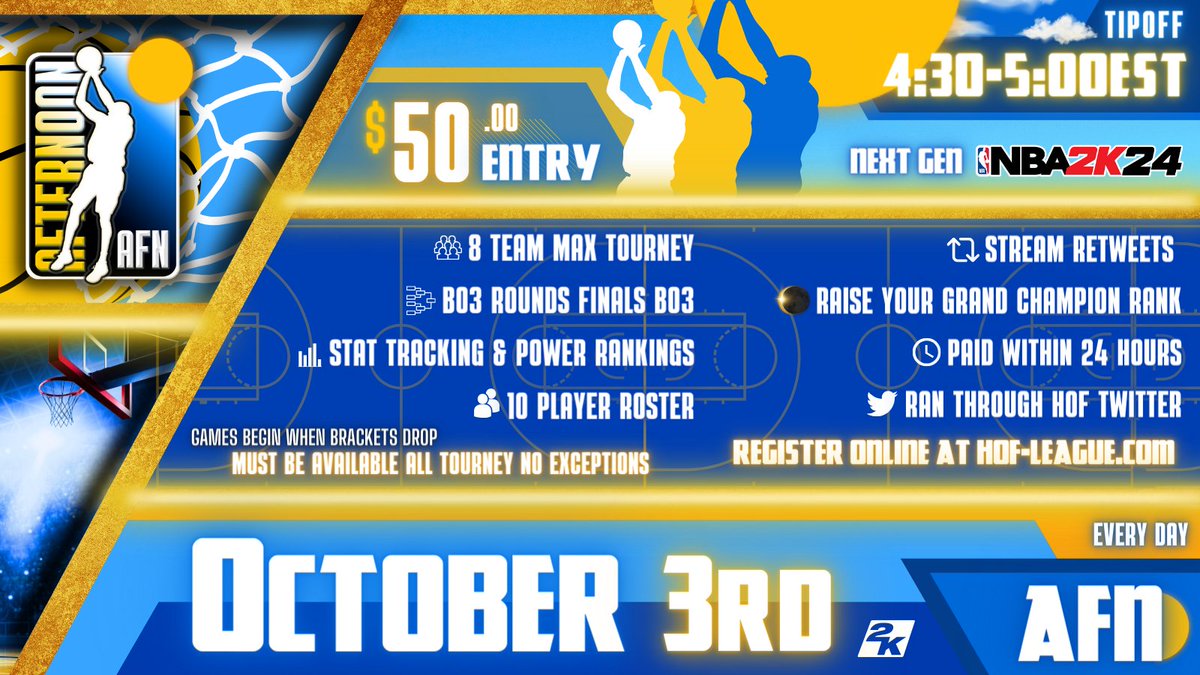 HOF League (@hofleague2k) on Twitter photo 🏆Afternoon Tournament registration is live!
🚨 Sign-ups are due by 4:30 PM EST
☀ Brackets drop at 4:30-5:00 PM EST
🔘 Every round is a BO3 through finals
▶️ Register Now: hof-league.com/register-afn/
<a href="/DangerrFT/">Over-Night Danger 💫</a> <a href="/youFamousEnough/">2KL</a> <a href="/Big_Brudda_PURP/">Coach Purp</a> <a href="/DirtyGraphics/">DirtyGraphics</a> #AFN 🏆Afternoon Tournament registration is live!
🚨 Sign-ups are due by 4:30 PM EST
☀ Brackets drop at 4:30-5:00 PM EST
🔘 Every round is a BO3 through finals
▶️ Register Now: hof-league.com/register-afn/
<a href="/DangerrFT/">Over-Night Danger 💫</a> <a href="/youFamousEnough/">2KL</a> <a href="/Big_Brudda_PURP/">Coach Purp</a> <a href="/DirtyGraphics/">DirtyGraphics</a> #AFN