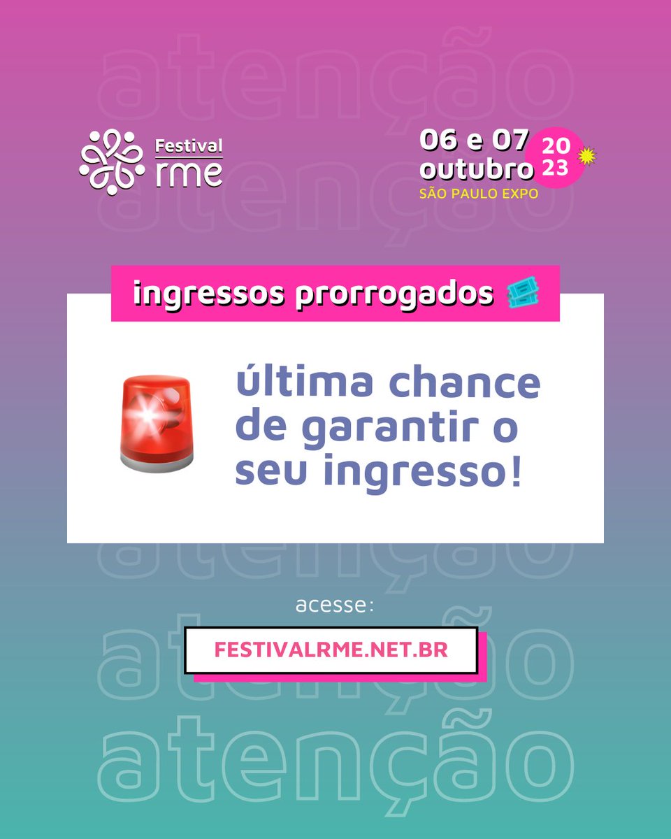 Vocês pediram e nós ouvimos! 📢

Não garantiu o seu ingresso ainda? Não se preocupe, ainda dá tempo!

A venda de ingressos para o #FestivalRME foi prorrogada até segunda-feira, dia 02/10. Aproveite o final de semana e não perde essa chance.

Quem aí já garantiu o seu lugar?