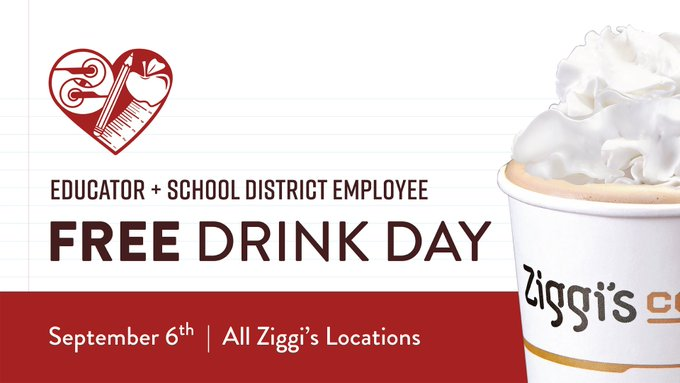 ziggiscofe's tweet photo. Today is the day! 🍎 Teachers &amp; School District employees, head to your favorite Ziggi's, show them your school ID and receive a 16oz drink of your choosing. What will you be ordering? https://t.co/I1C1I2qEmv