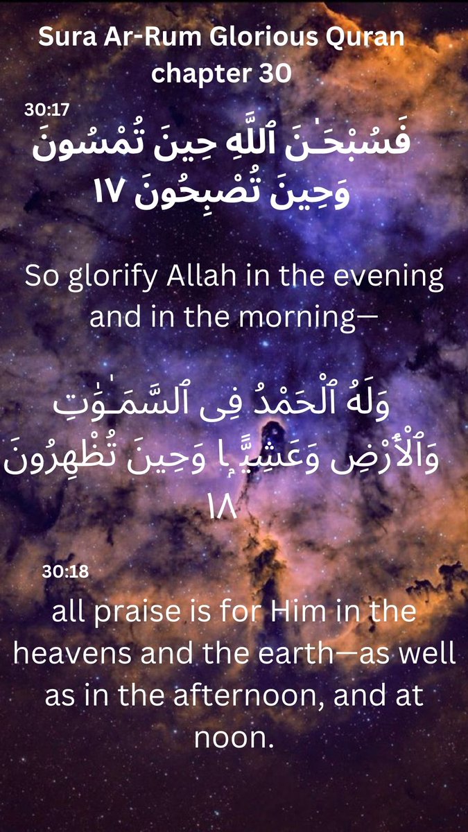 ibrahim_tauseef's tweet photo. Chapter 30 Sura AR-RUM.
Glorious Quran 

فَسُبْحَـٰنَ ٱللَّهِ حِينَ تُمْسُونَ وَحِينَ تُصْبِح��ونَ ١٧
So glorify Allah in the evening and in the morning.

وَلَهُ ٱلْحَمْدُ فِى ٱلسَّمَـٰوَٰتِ وَٱلْأَرْضِ وَعَشِيًّۭا وَحِينَ تُظْهِرُونَ ١٨

all praise is for Him in the heavens and https://t.co/Ona2IOoLR9