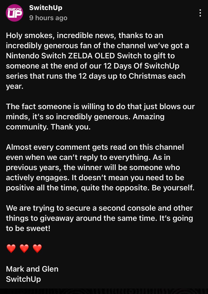 There are some INCREDIBLY generous people in our community. We’re blown away. We’ll be giving away AT LEAST one Switch OLeD this Christmas hopefully more! Follow, retweet and hunt us down on YouTube to take part! Link below
