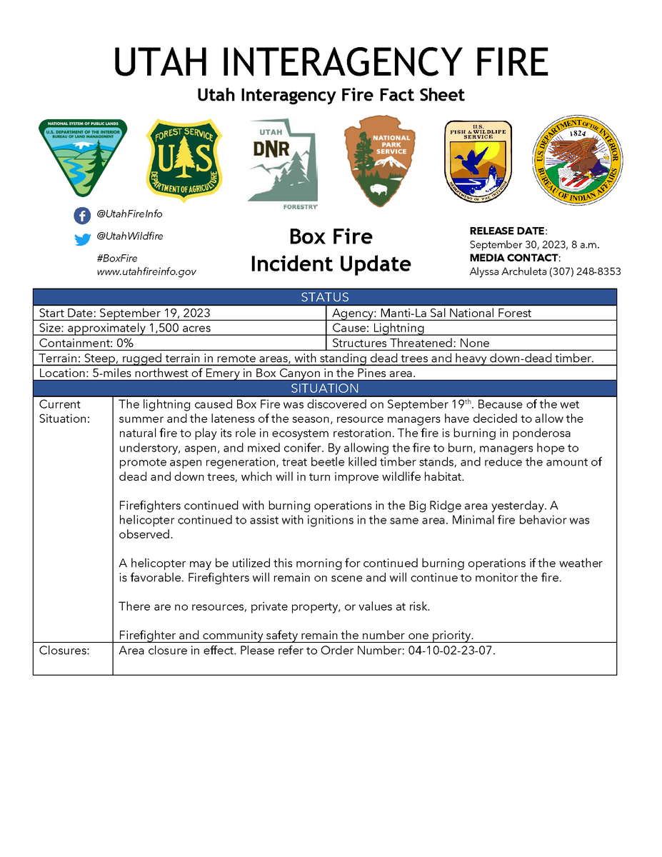 UtahWildfire's tweet photo. #BoxFire Update: Firefighters continued with burning operations in the Big Ridge area yesterday. A helicopter continues to assist with ignitions in the same area. Minimal fire behavior was observed. Firefighters will remain on scene and will continue to monitor the fire. https://t.co/cdZLlKOno5