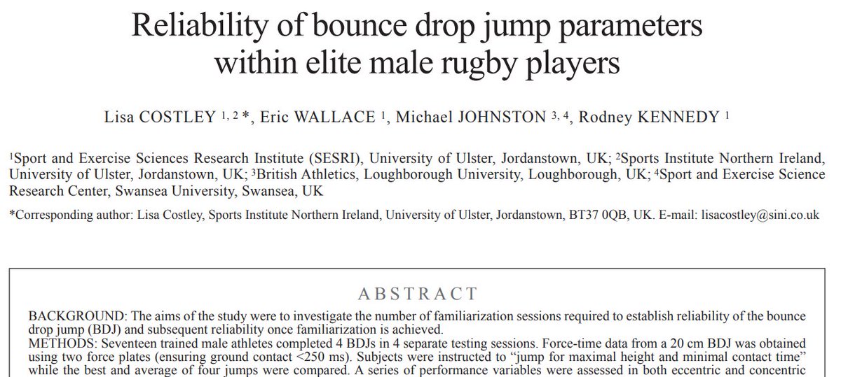 EamonnFlanagan's tweet photo. The RJT+5cm rule: A simple heuristic for quick & easy drop-jump height optimization.

A common approach is to use a DJ box/height height 🟰 CMJ jump height when starting DJ plyometric training.

A more valid & accurate method is the Rebound Jump Test ➕ 5cm rule. Take the ave. jump height in 10-5 RJT & add 5cm to it.

Short contact times, fast SSC focus means 10-5 RJT is more similar to demands of DJ - so why use CMJ data? Different joint actions, longer CTs, different SSC mechanism

The 5cm addition accounts for phenomenon where many athletes "step down" off box rather than stepping out off box, especially in the early stages of DJ training.

+5cm is a very rough estimation based on:

🔸@Lisacostley research showing inherent variability of "actual drop height" (ADH)
🔸Bobbert research showing ADH can be up to 10cm less than box height used
🔸5cm is the increment of box height available!

My own experience: for box heights of 20-40cm, there can be diff of 4-7cm vs ADH and this can be as high as 8-10cm for box heights of 50-70cm.

Let's walk it through:

Combat sport athlete
CMJ = 44cm
10-5 RJT = 2.7 RSI
10-5 RJT (height) = 51cm

Using the traditional CMJ heuristic, we'd start their DJ training w/ 45cm box height. If we use the RJT + 5cm heuristic, our starting DJ box height would be 55cm.

Let's look at this athlete's DJ reactive strength incremental profile (done 3-4 wks after CMJ & RJT data)

The athlete hits their optimal RSI at 50-60cm. Had we used CMJ method, we might be utilizing a box height of 5-10cm lower than necessary. With the RJT+5cm method, we get a DJ box height of 56cm:  right in ballpark of optimal profile

[and no, it doesn't always work out as cleanly as this - but I do think the RJT+5 method is typically closer and logically more appropriate than CMJ approach]