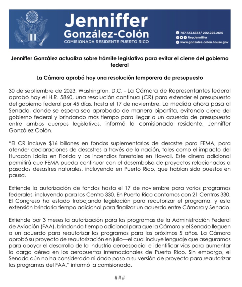 Jenniffer's tweet image. La Cámara de Representantes acaba de aprobar una resolución temporera de presupuesto para evitar el cierre del gobierno federal;  ahora la medida pasa a la consideración del Senado.

Conoce lo que contiene la Resolución Continua aprobada: mailchi.mp/6d6c7bdd7757/d…