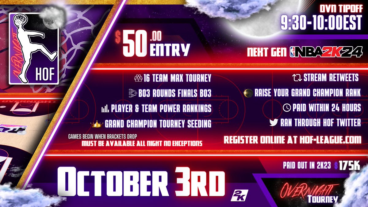 HOF League (@hofleague2k) on Twitter photo 🏆Overnight Tournament registration is live!
🚨 Sign-ups are due by 8:30 PM EST
🌒 Brackets drop at 9:30-10 PM EST
🔘Every round is a BO3 through finals
▶️ Register Now: hof-league.com/register-ovn/
<a href="/DangerrFT/">Over-Night Danger 💫</a> <a href="/youFamousEnough/">2KL</a> <a href="/Big_Brudda_PURP/">Coach Purp</a> <a href="/DirtyGraphics/">DirtyGraphics</a> #OVN 🏆Overnight Tournament registration is live!
🚨 Sign-ups are due by 8:30 PM EST
🌒 Brackets drop at 9:30-10 PM EST
🔘Every round is a BO3 through finals
▶️ Register Now: hof-league.com/register-ovn/
<a href="/DangerrFT/">Over-Night Danger 💫</a> <a href="/youFamousEnough/">2KL</a> <a href="/Big_Brudda_PURP/">Coach Purp</a> <a href="/DirtyGraphics/">DirtyGraphics</a> #OVN