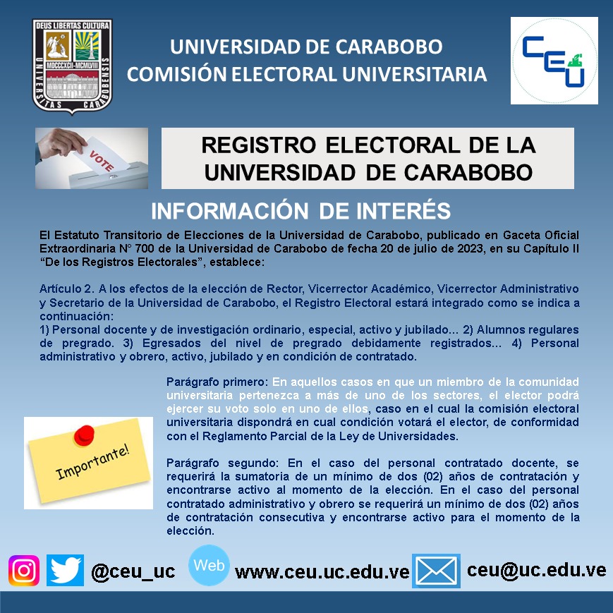 EgresadosULA's tweet image. Información de Interés, sobre el registro electoral Universidad de Carabobo 
@ceu_uc