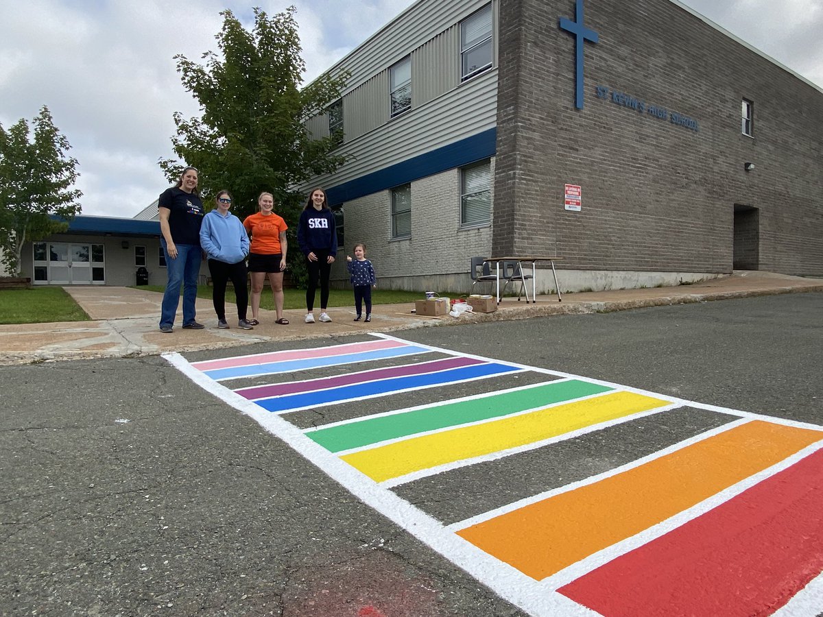 SKH_GSA's tweet photo. 🏳️‍🌈Today just got a little brighter in the Goulds! SKH’s first official rainbow crosswalk is here! A huge thanks to Stacy, Amelia and Marin for helping us today. Thank you to the @paintshopcanada (Mt. Pearl) for your generous donation🏳️‍⚧️ @skhmavericks @NLESDCA @SISNLESD @GSDSIC https://t.co/XM5t3OvEJF