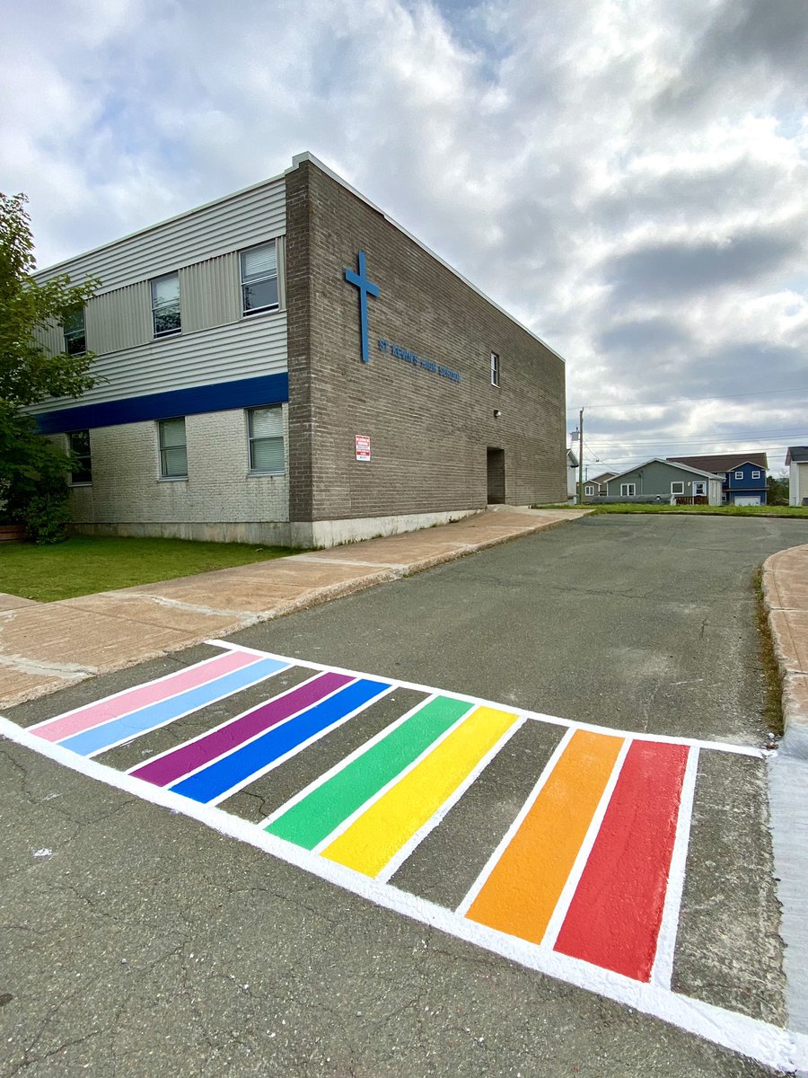 SKH_GSA's tweet photo. 🏳️‍🌈Today just got a little brighter in the Goulds! SKH’s first official rainbow crosswalk is here! A huge thanks to Stacy, Amelia and Marin for helping us today. Thank you to the @paintshopcanada (Mt. Pearl) for your generous donation🏳️‍⚧️ @skhmavericks @NLESDCA @SISNLESD @GSDSIC https://t.co/XM5t3OvEJF