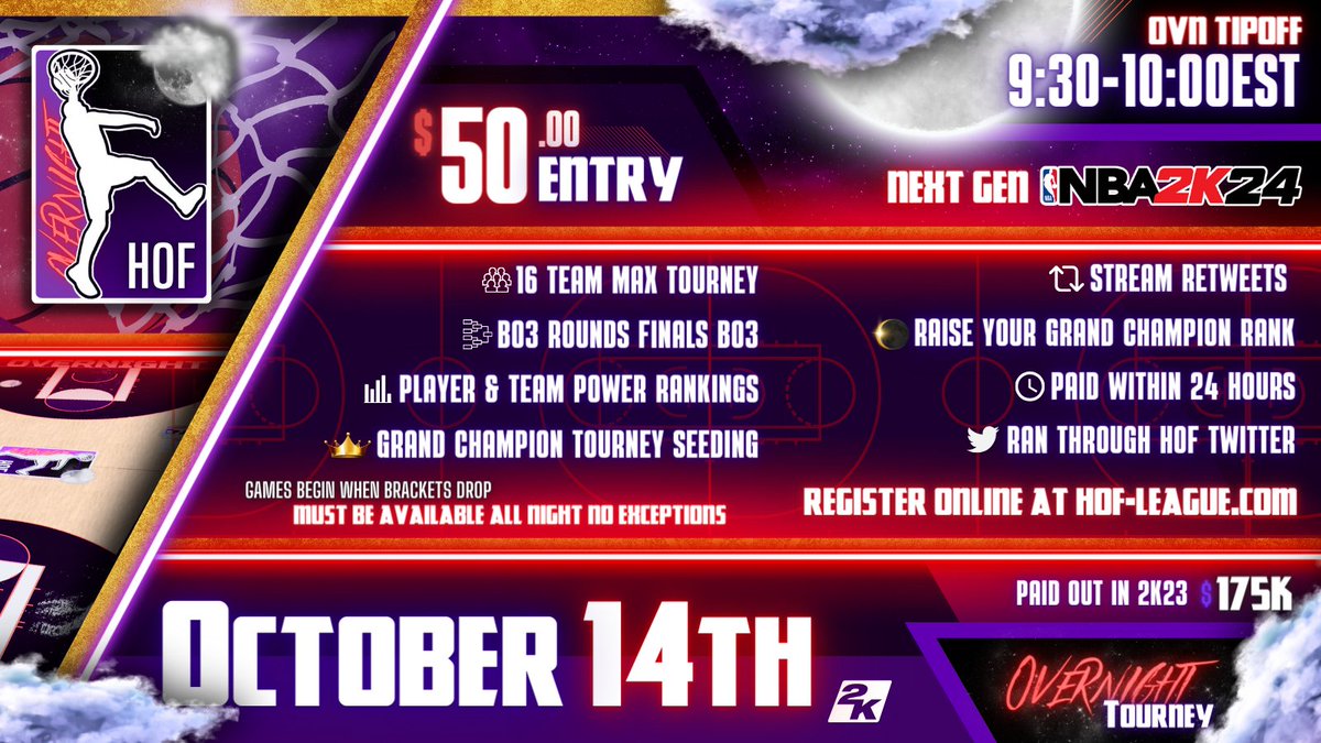 HOFLeague2K's tweet photo. 🏆Overnight Tournament registration is live! 

🚨 Sign-ups are due by 8:30 PM EST 

🌒 Brackets drop at 9:30-10 PM EST 

🔘Every round is a BO3 through finals 

▶️ Register Now: https://t.co/NQagVpdmoy

@DangerrFT @youFamousEnough @Big_Brudda_PURP @DirtyGraphics #OVN https://t.co/9DEjy0J22D