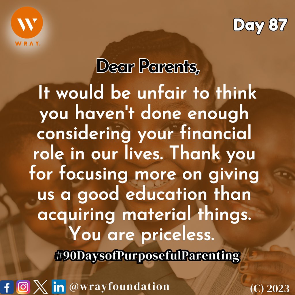 Dee_vinesong's tweet photo. Day 88 of Parent Education Awareness 

#WRAYFoundation #ParentEducationCampaign #Day88 #EducatingParents #MakingADifference #90DaysOfPurposefulParenting #ValueYourChildren #ParentalSupport #DiscoverYourPotentials #Teenagers #Youths #Counselling #Mentorship #Purpose #NGO https://t.co/ubgCTQvWJ1