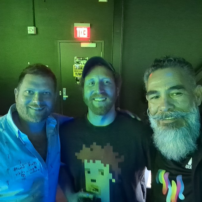 DanPolko's tweet photo. #Cryptopunks is a fraternity ! a few of my buddies the legend himself @tonyherrera and also 2 great guys @gwendall @GMI_Studio at the @beeple event! https://t.co/p96SQN1RFR