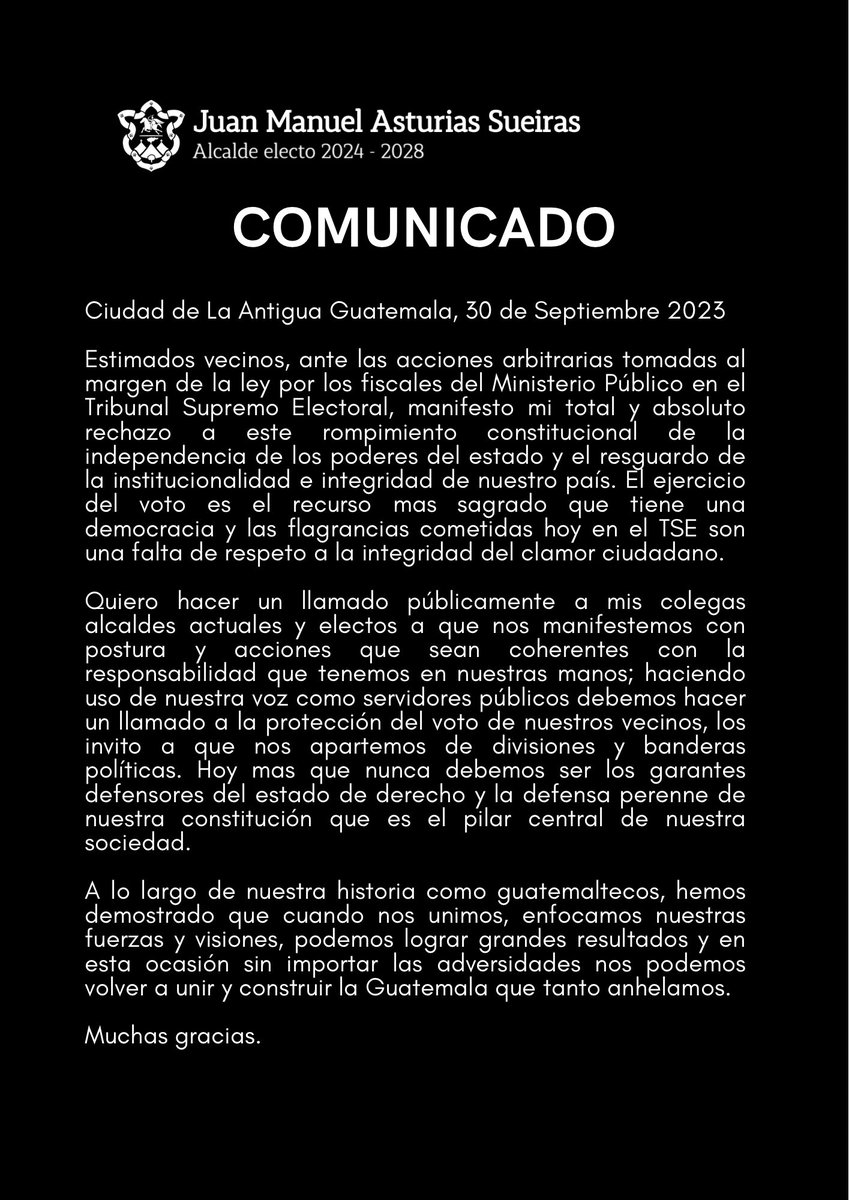 El alcalde electo <a href="/JuanMaAsturias/">Juan Manuel Asturias</a> de @AyuntamientoLAG rechaza las acciones del <a href="/MPguatemala/">MP de Guatemala</a> en contra del <a href="/TSEGuatemala/">TSE Guatemala</a> porque considera que se trata de un rompimiento constitucional. Llama a sus colegas a cerrar filas en defensa del voto ciudadano.