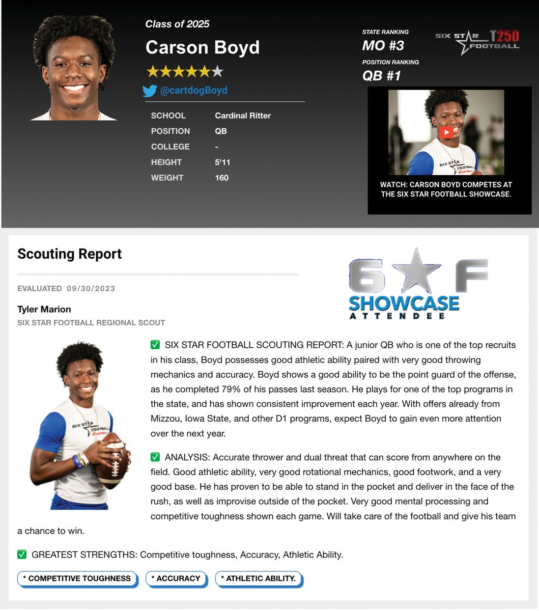 6starfootballMO's tweet photo. SCOUTING REPORT I  Carson Boyd

6'0, 170 I QB I 2025 I CRCP MO) I @cartdogBoyd

📈 Competitive toughness, Accuracy, Athletic Ability.
💰D1 offers  Mizzou, Illinois, Texas A&M, many others ...

PROFILE👤 https://t.co/cjaAxHGQsR

PROSPECTS CAN ADD SCOUTING REPORT  https://t.co/gpmezZE1pD