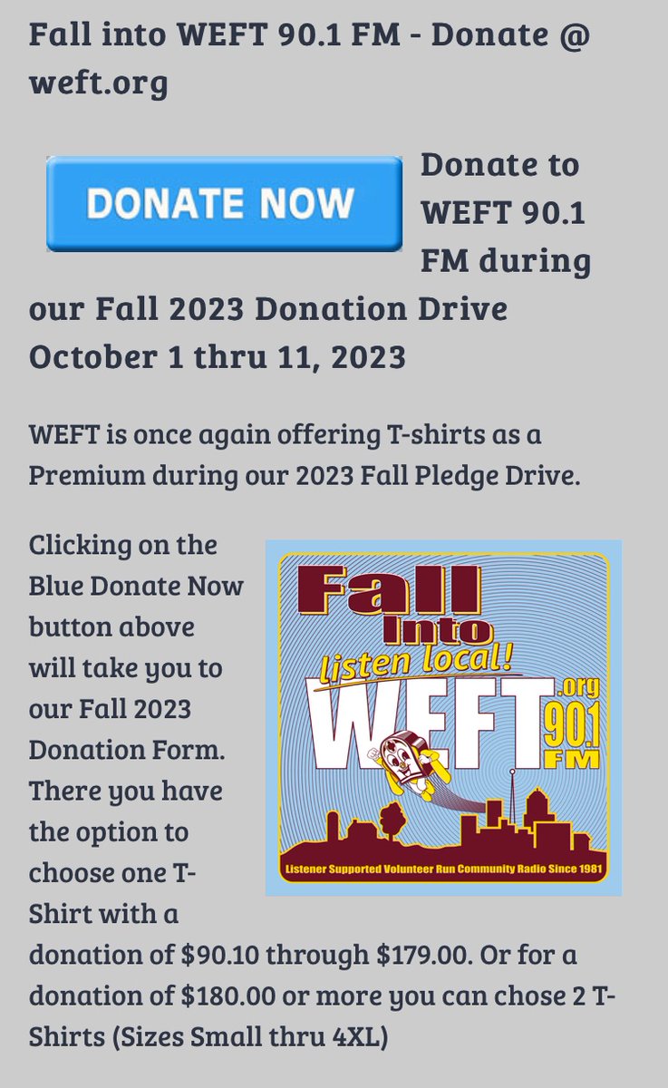 Today (September 30) is the last day of the WEFT fiscal year.

Would you consider making a donation TODAY to help end 2022-2023 in a big way?

Use this form and jump start our Fall Fundraiser!
forms.donorsnap.com/form?id=1faaa3…