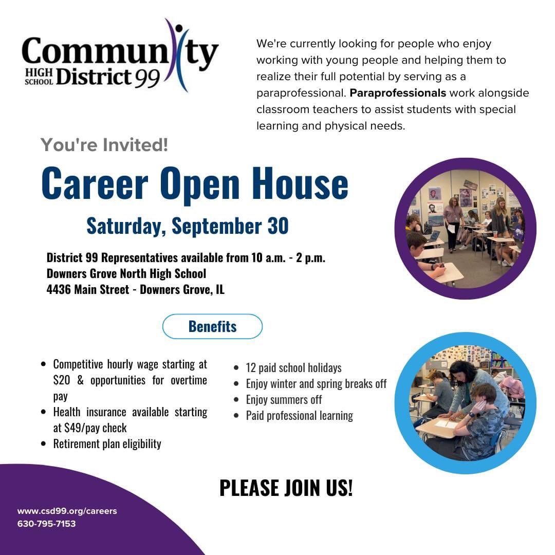 langroberte's tweet photo. Stop by @DownersNorth today to hear from our paraprofessionals about their experiences… and then apply for one of our @Dist_99 open paraprofessional positions. We’re here until 2pm. Looking forward to meeting our future staff! @DownersSouth https://t.co/AavgmDgDmy