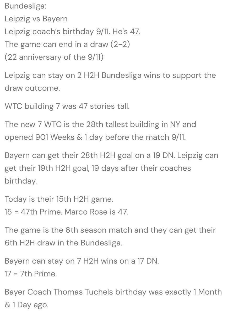 SiriusHeaded's tweet photo. #Bundesliga Leipzig vs Bayern. 

This game can end in a 2:2 draw.
All related to 9/11 and the 22 year anniversary 
#coded https://t.co/ip8deTSHWo