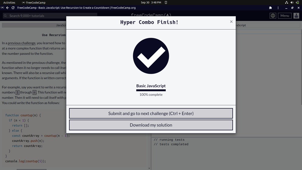 deXcripter's tweet image. Day 7 of #100daysodcode
Pleased to announce that just completed the first JavaScript course section from @freecodecamp.
Spent close to 4 days before I managed to complete this section. I'm already burnt out but I still have to solve one leetcode problem today.