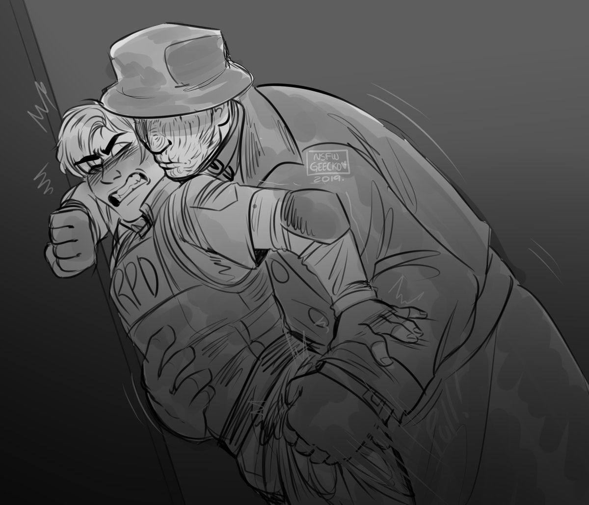 “𝙃𝙚𝙝 𝙝𝙚𝙝 𝙝𝙚𝙝…” 

He overwhelms the poor hero, pinning him to the wall. Heavy breathing down the prey’s neck, tingling his spine. 

A long &amp; slithering grotesque tongue glides upon Leon’s soft neck, while big greasy hands grope him. 

Delicious prey.