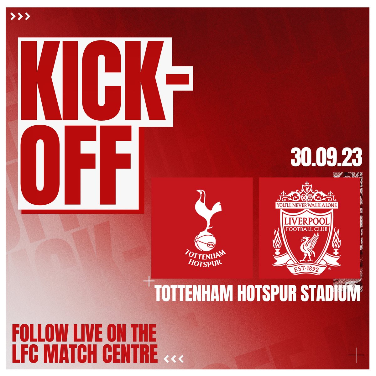 LFC's tweet photo. 1’ – We’re underway at the Tottenham Hotspur Stadium… UP THE REDS ✊

⚪ [0-0] 🔴

#TOTLIV