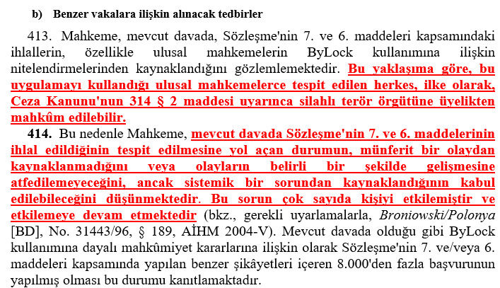 drgokhangunes's tweet photo. YALÇINKAYA KARARI SADECE BAŞVURUCU HAKKINDA HÜKÜM DOĞURUR DİYENLERE!

AİHM, Yalçınkaya kararında öyle hususlara yer vermiştir ki, eline tutuşturulan metinleri okuyanların ya da karar uzun olduğu için 403. ve devamı paragraflara henüz gelemeyenlerin! söylediği; "karar sadece başvurucuyu ilgilendirir, başka kişiler hakkında hüküm doğurmaz" gibi sözleri tamamen boşa çıkarmıştır. Zira 413. paragrafla başlayan bölümün adı bile "benzer vakıalara ilişkin alınacak tedbirler"dir! 
📌AİHM'e göre, Türkiye'deki mahkemelerin yaklaşımı nedeniyle Bylock kullanan herkes örgüt üyeliğinden cezalandırılabilir. 
Ancak, 7. maddeden verilen ihlalin gerekçesi olan; suçun maddi ve manevi unsurlarının araştırılmaması ve Bylock sanki bir delil değil de suçun unsuru gibi kabul edilerek otomatik cezalandırılmaya dönüşmesi ile 6. maddeden verilen ihlalin gerekçesi olan; Bylock kullanımının başvurucuya atfedilen suçu işlediğine ilişkin kesin delil kabul edilmesi ve başvurucuya hiçbir itiraz hakkının tanınmaması hususları münferit bir olay değildir ve sistematik bir sorundan kaynaklanmaktadır. Yine AİHM'e göre bu sorun sadece başvurucuyu değil, çok sayıda kişiyi etkilemiştir ve etkilemeye devam etmektedir. 
Acaba, AİHM'in 6 ve7. maddelerden verdiği ihlal gerekçesinin sistematik bir sorundan kaynaklandığını vurguladığı ve bu sorunun binlerce kişiyi etkilediğini ve etkilemeye devam ettiğini söylediği bir karar nasıl sadece başvurucuyu ilgilendirebilir?
📌Aynı şekilde AİHM, gelecekte daha fazla dosyada benzer ihlalleri vermemesi için Yalçınkaya kararında tespit ettiği ihlal sebeplerini, bu kararın ötesinde Türk makamlarının ele alınmasını istemiştir. 
Yine AİHM, Yalçınkaya kararından gerekli sonuçların çıkarılarak, bu kararda ihlale sebep olan sorunun çözümü için uygun tedbirleri almak bana değil, yetkili makamlara düşer demiştir.
Daha spesifik olarak da; Yalçınkaya kararında kendisinin AİHS standartlarını yorumladığı ve uyguladığı şekliyle, ulusal mahkemelerin de AİHS standartlarını dikkate almaları gerektiğini vurgulamış ve kararlarının bağlayıcılığını düzenleyen AİHS'in 46. maddesinin Türk Anayasasının 90/5. maddesi gereğince anayasal bir kural olduğunu hatırlatmıştır.  
Kısaca; AİHM’in 7. madde ihlaline karar verirken ısrarla vurguladığı, suçun unsurları oluşmadan ceza verildiği hususu güncel yargılamaların tamamında geçerlidir. Zira hiçbir dosyada suçun maddi ve manevi unsuru araştırılmamakta ve otomatik cezalandırma aracına dönüşen ve kriter olarak adlandırılan delillerin varlığı halinde suçun unsurlarının da oluştuğu kabul edilmektedir. Ancak, nasıl ve ne suretle bu kriterlerin suçun unsurlarını karşıladığı açıklanmamaktadır. AİHM demektedir ki; siz suç delili kabul ettiğiniz hususları, suçun unsurları yerine ikame etmişsiniz. Böyle bir yargılama ve karar olamaz!
Yalçınkaya kararıyla ilgili somut gerçeklik bu olmasına rağmen, hâlâ Yalçınkaya kararı sadece başvurucuyu bağlar demenin hiç bir hukuki karşılığı yoktur. 
Kararı okumadan temcit pilavı gibi bu sözleri söyleyenlere sormak lazım; kararın sadece başvurucu hakkında değil, benzer durumdaki herkes için sonuç doğurduğunu söylemeniz için daha hangi açıklamayı yapmamızı istersiniz?
@yilmaztunc @handefrt